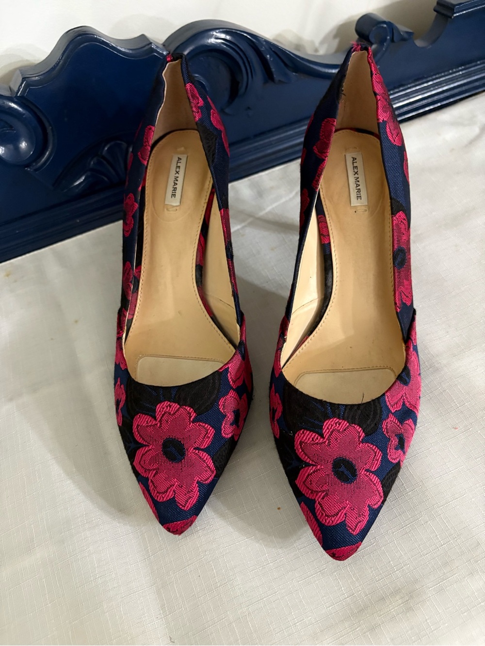 Alex Marie Navy Pumps with Fuchsia Jacquard Floral Embroidery 8.5
